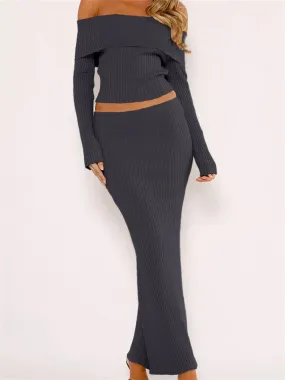 JuliaFashion - Slash Neck Off Shoulder Long Sleeve Ribbed Knitted Tops Long Skirts Suits