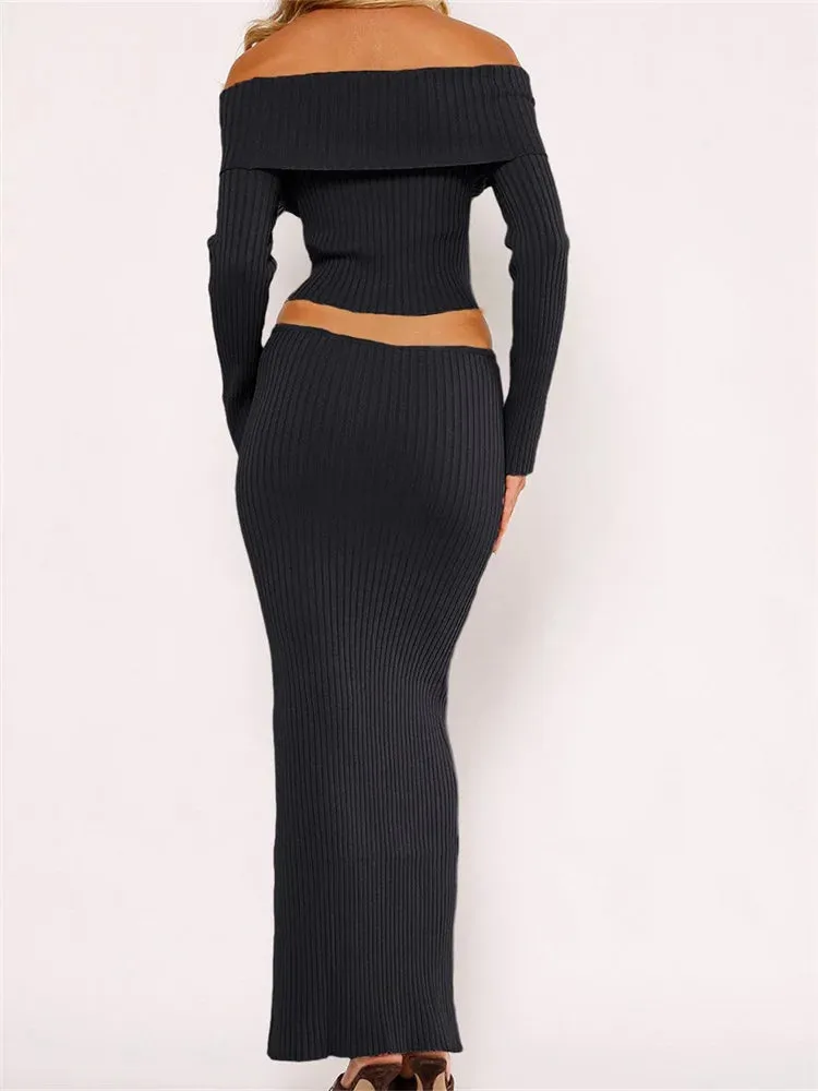 JuliaFashion - Slash Neck Off Shoulder Long Sleeve Ribbed Knitted Tops Long Skirts Suits