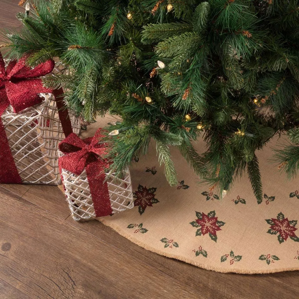 Jute Burlap Poinsettia Christmas Tree Skirt 48 VHC Brands