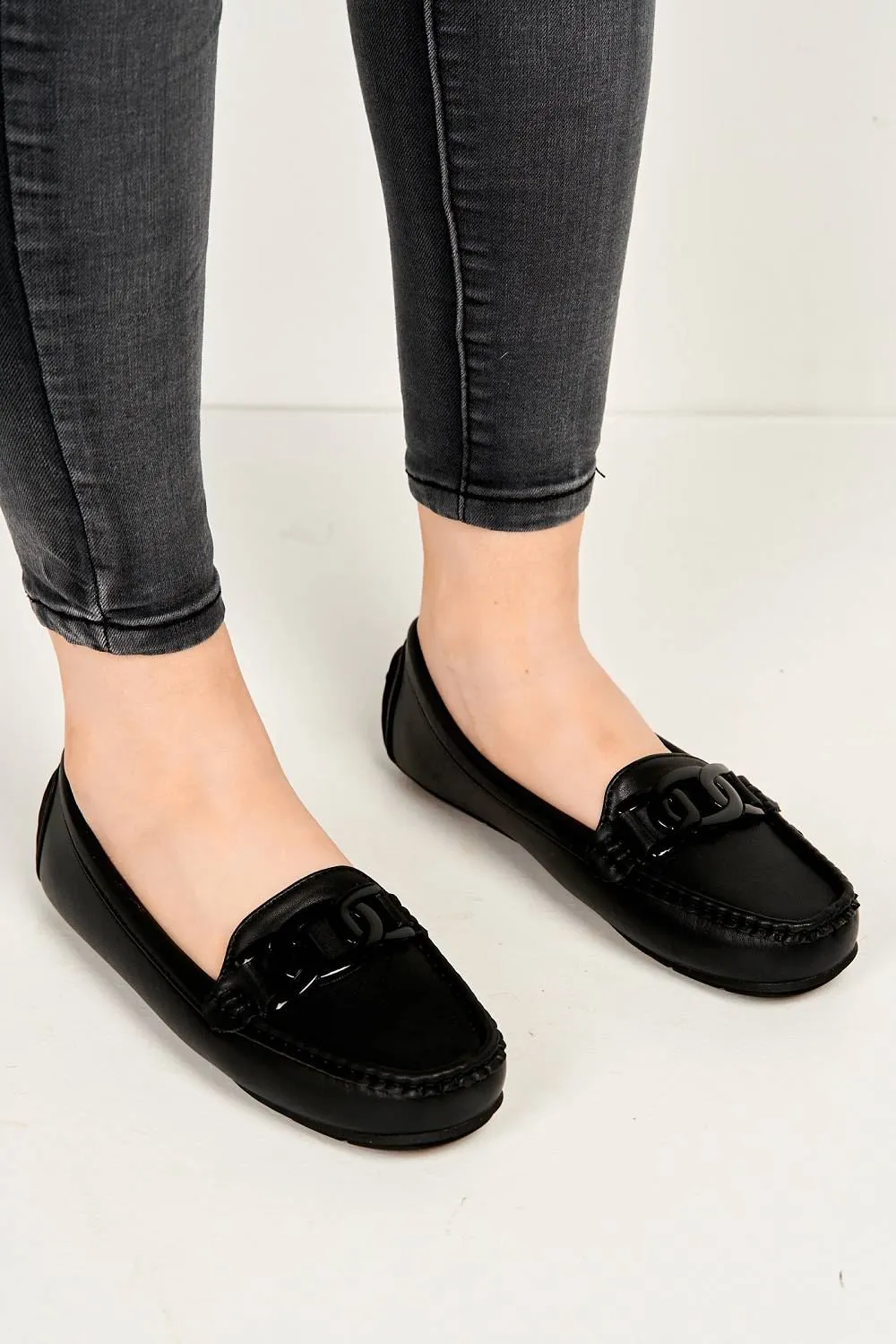 Kristin Flat Square Toe Loafers with Chain Detail in Black