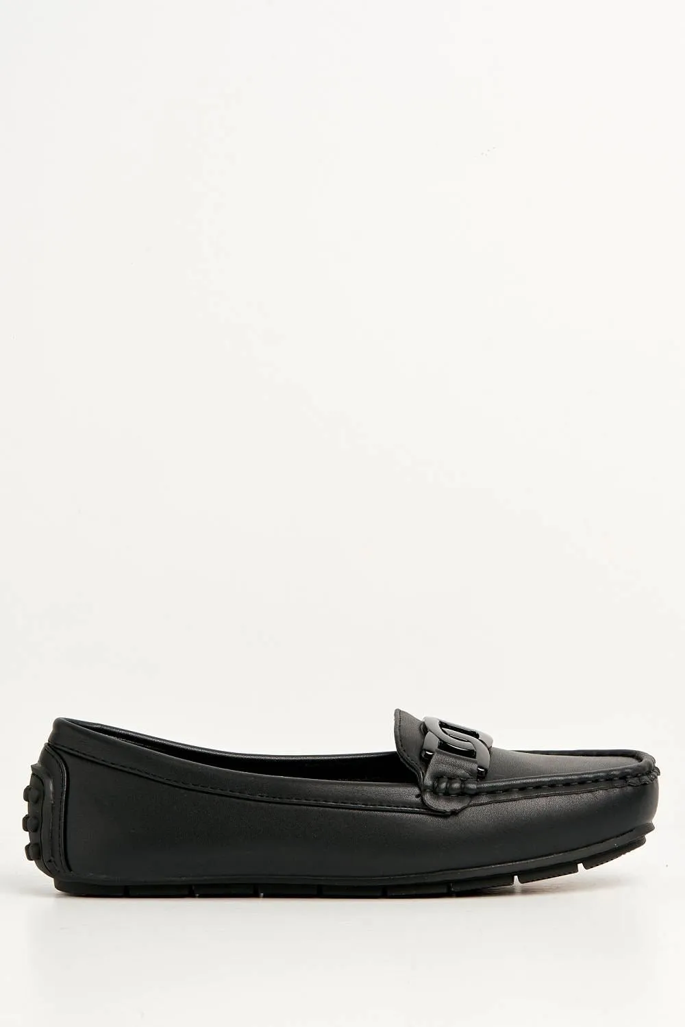 Kristin Flat Square Toe Loafers with Chain Detail in Black