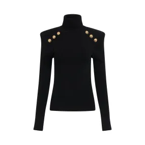 Logo Button Trimmed Turtleneck Sweater in Black