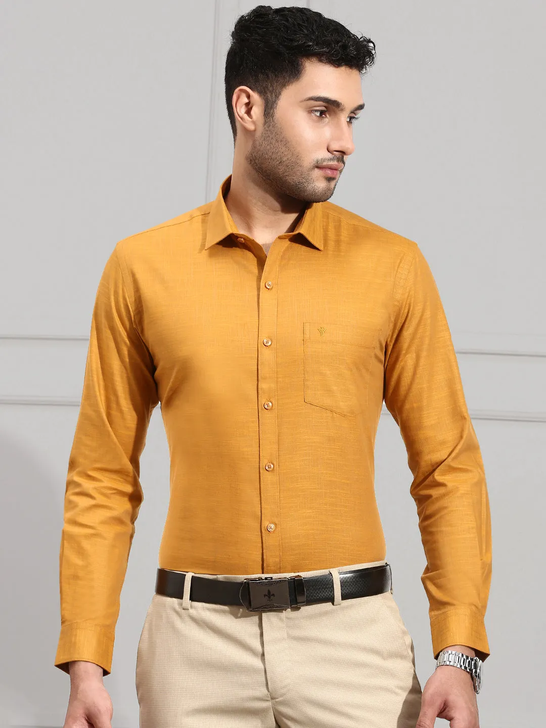 Men 100% Cotton Shirt Yellowish Brown CL2 GT32