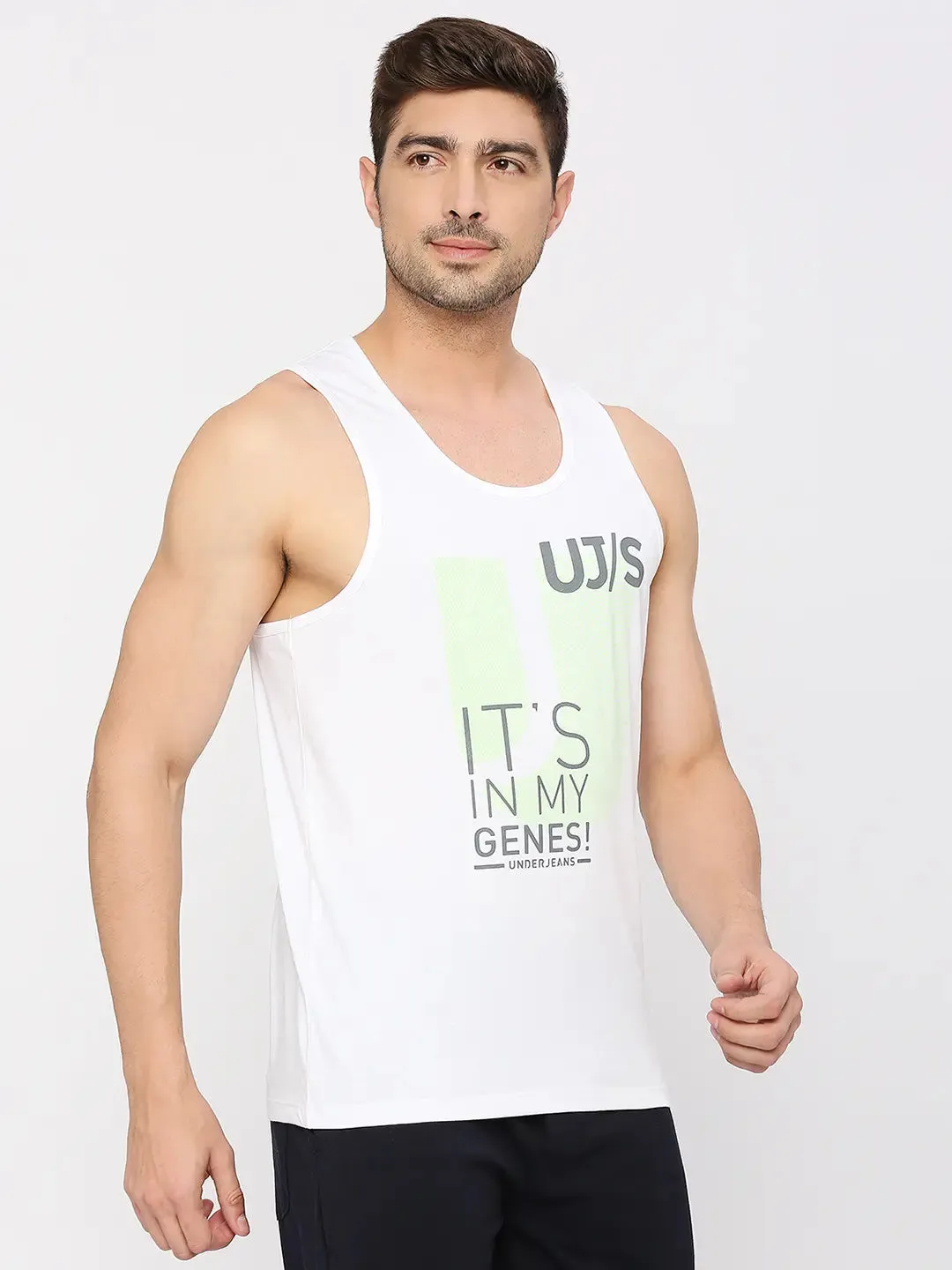 Men Premium Fashion White Muscle Vest- Underjeans By Spykar