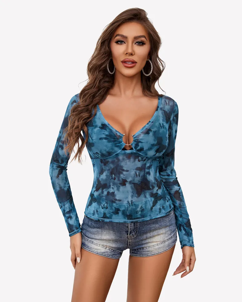 Mesh Long Sleeve Blouses Top