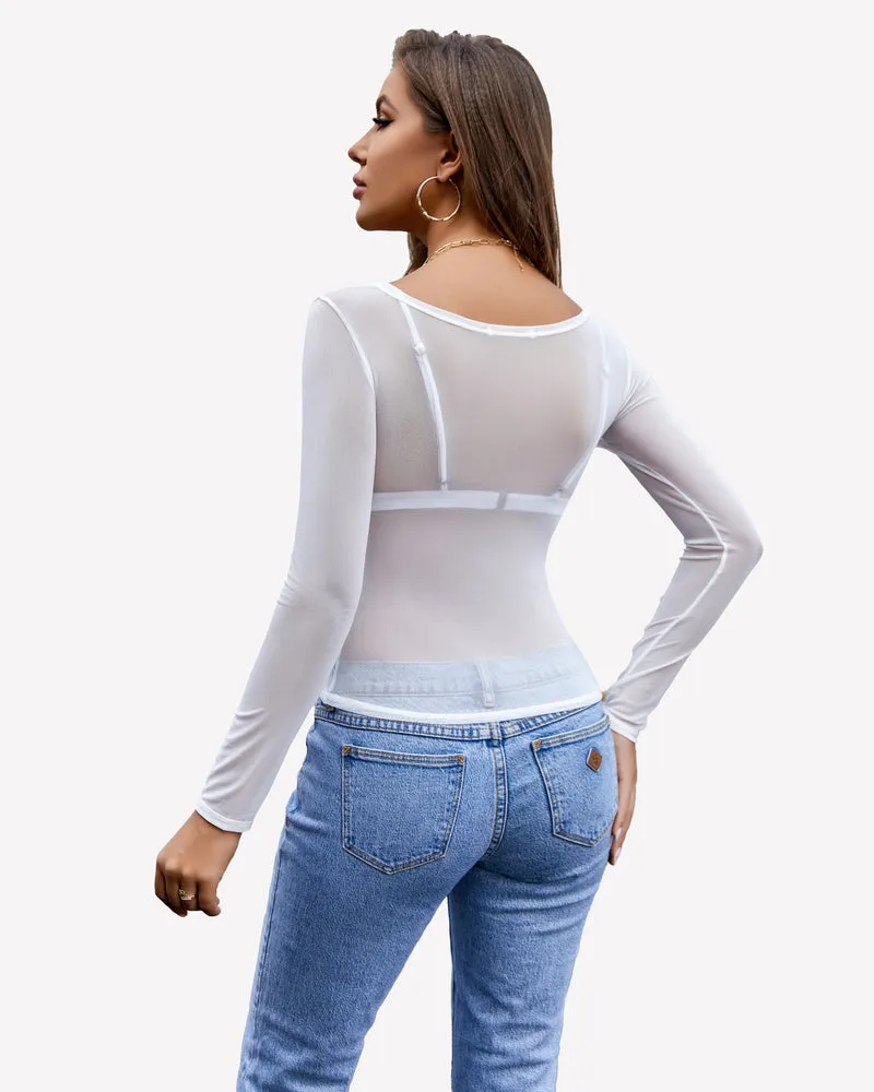 Mesh Long Sleeve Blouses Top