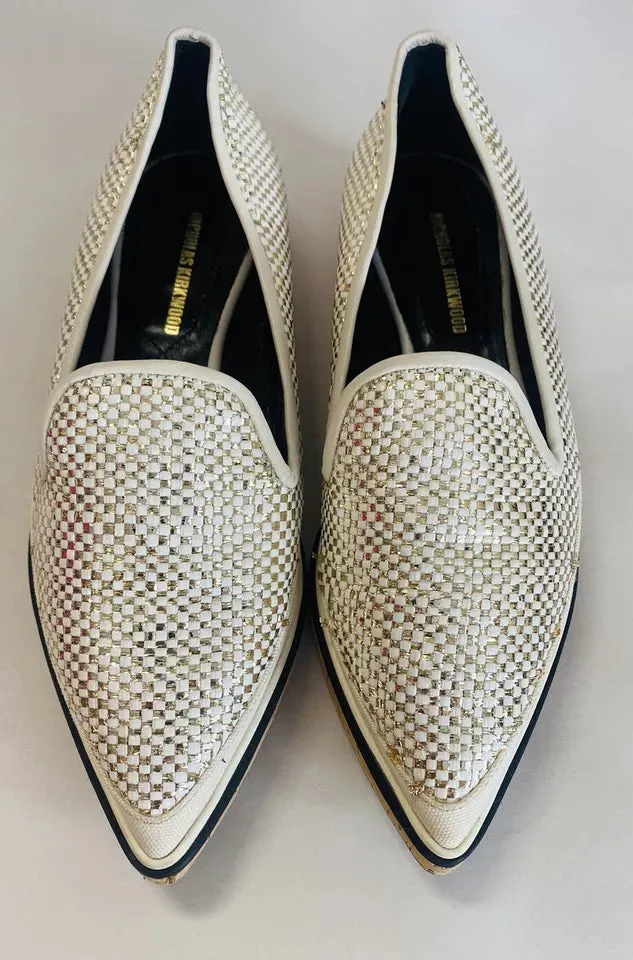 Nicholas Kirkwood Gold Plaid Embroidered Pointed Toe Women’s Loafers Size UK 2.5