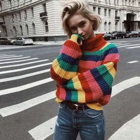 Oversized Multicolor Turtleneck Bishop Sleeve Rainbow Striped Knit Sweater