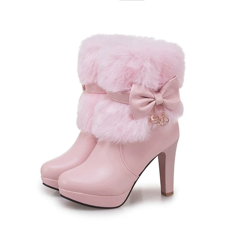 Pink Fur Beauty Mid Heel Winter  Snow Boots