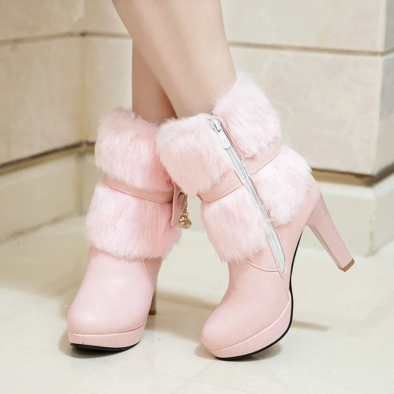 Pink Fur Beauty Mid Heel Winter  Snow Boots