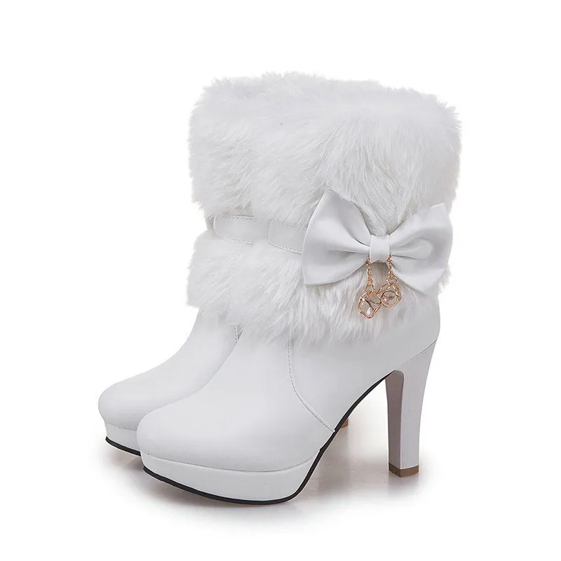 Pink Fur Beauty Mid Heel Winter  Snow Boots