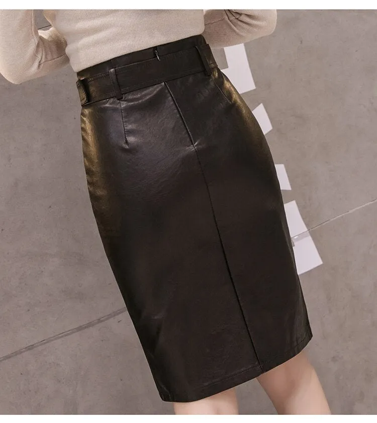 PU Leather Pencil Midi Skirts with Belt High Waist Split OL Elegant Sheath Wrap Skirts