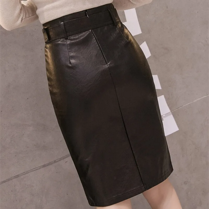 PU Leather Pencil Midi Skirts with Belt High Waist Split OL Elegant Sheath Wrap Skirts