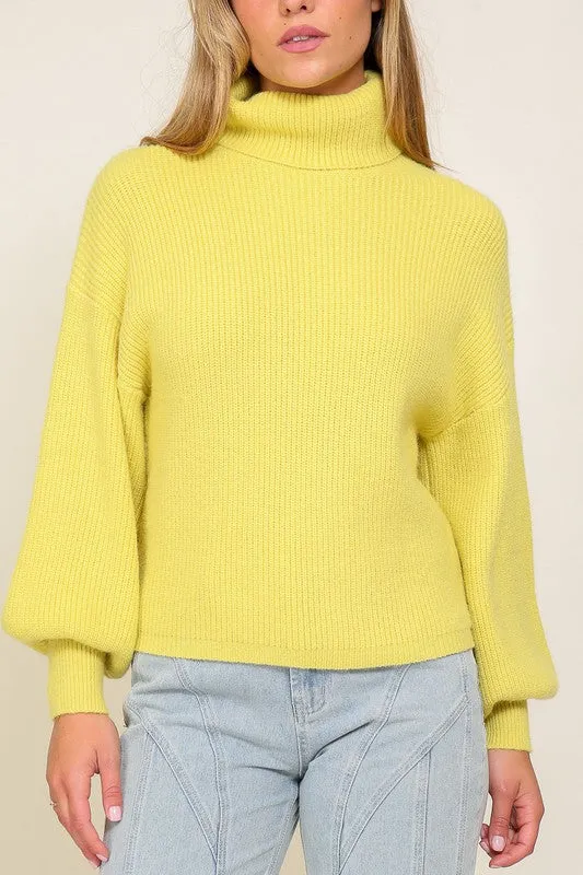 Rib Knitted Turtleneck Sweater with Bishop Sleeve