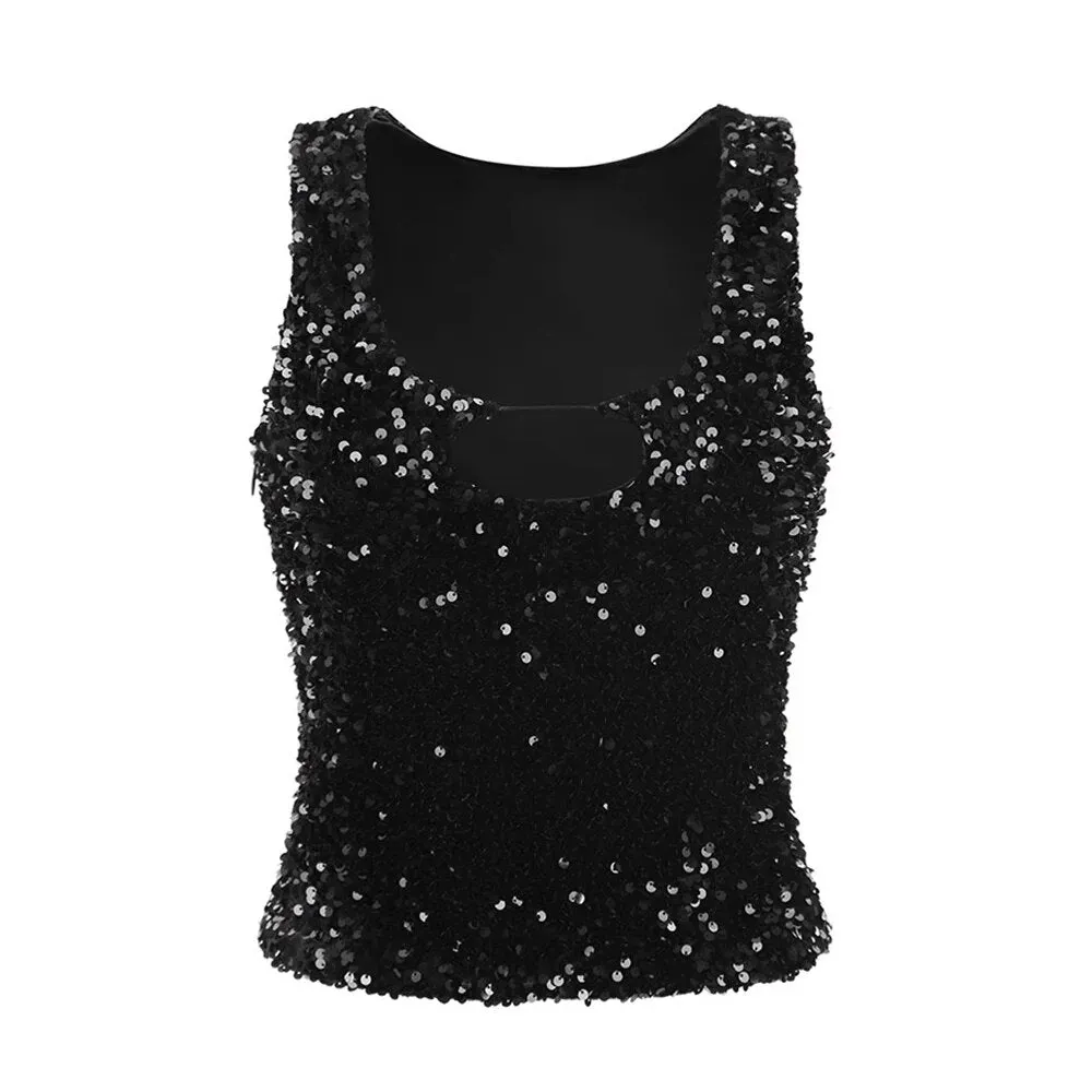 Solid Elegant Vests For Women Square Collar Sleeveless Patchwork Sequins Temperament Sexy Vest Female Fashion