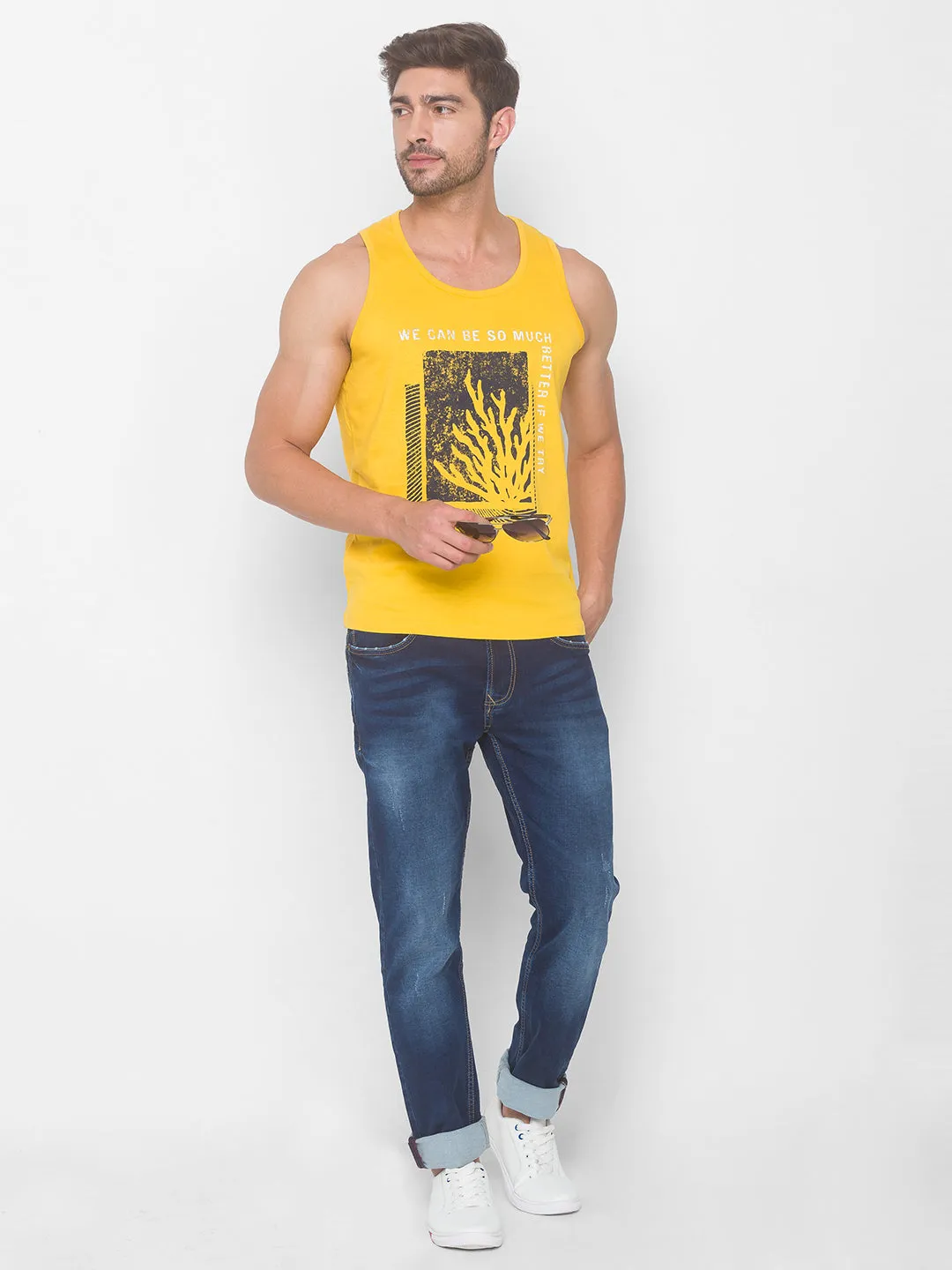 Spykar Men Yellow Cotton Slim Fit Round Neck Sleeveless Vest