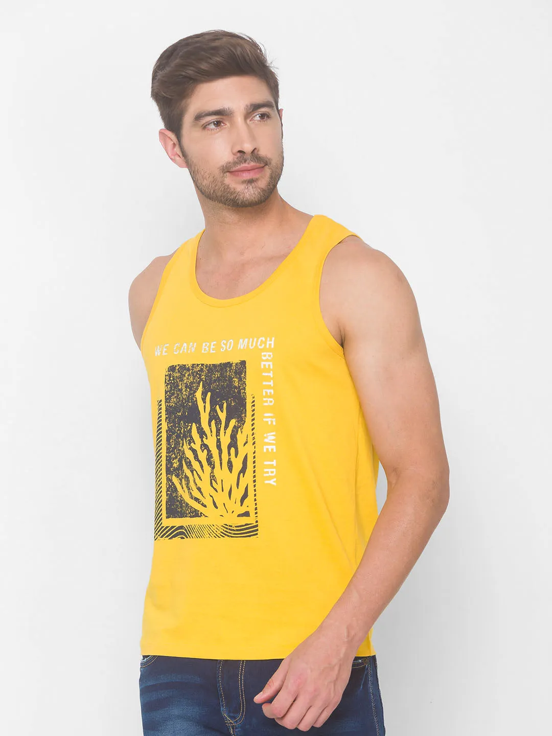 Spykar Men Yellow Cotton Slim Fit Round Neck Sleeveless Vest