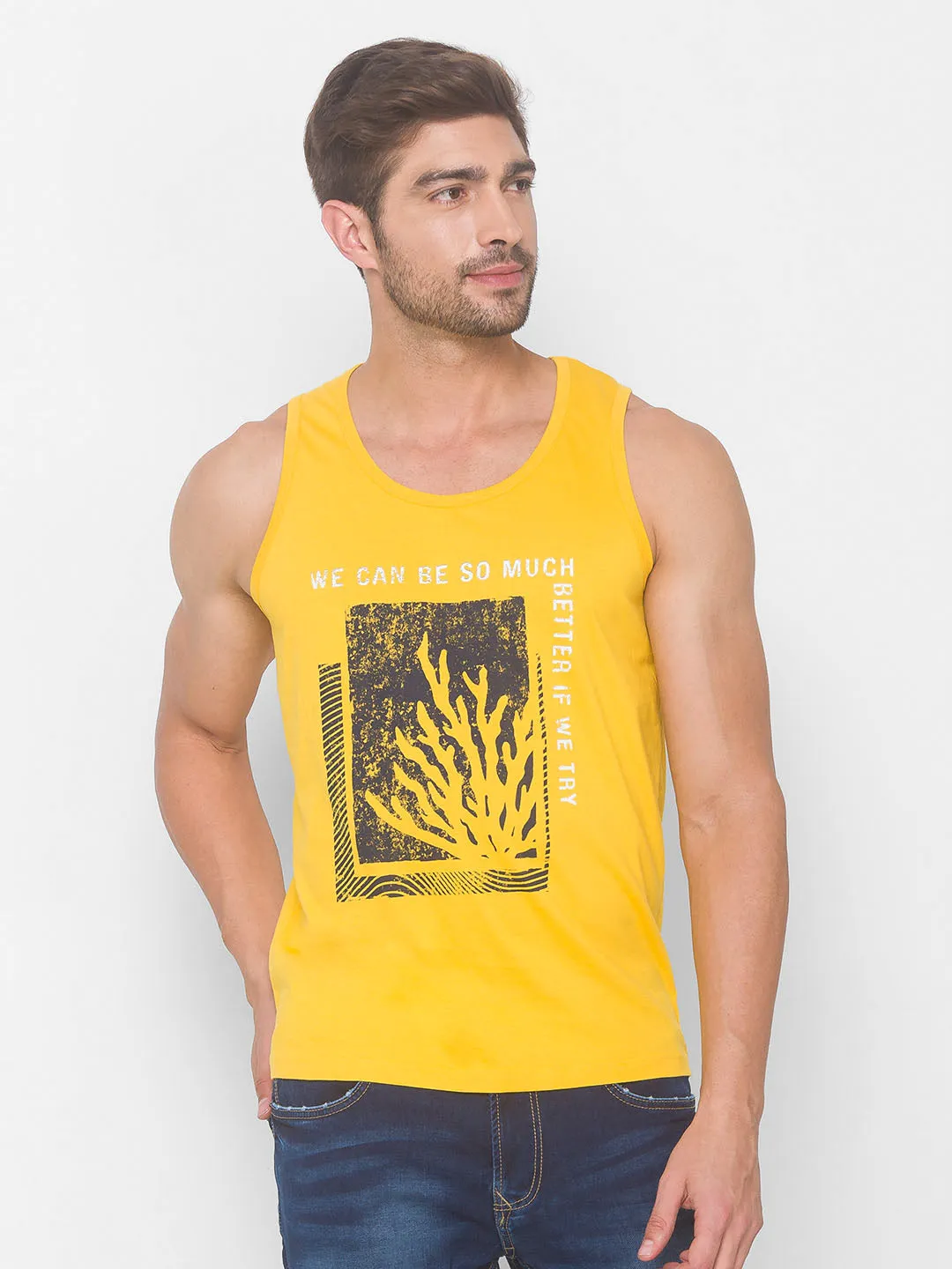 Spykar Men Yellow Cotton Slim Fit Round Neck Sleeveless Vest