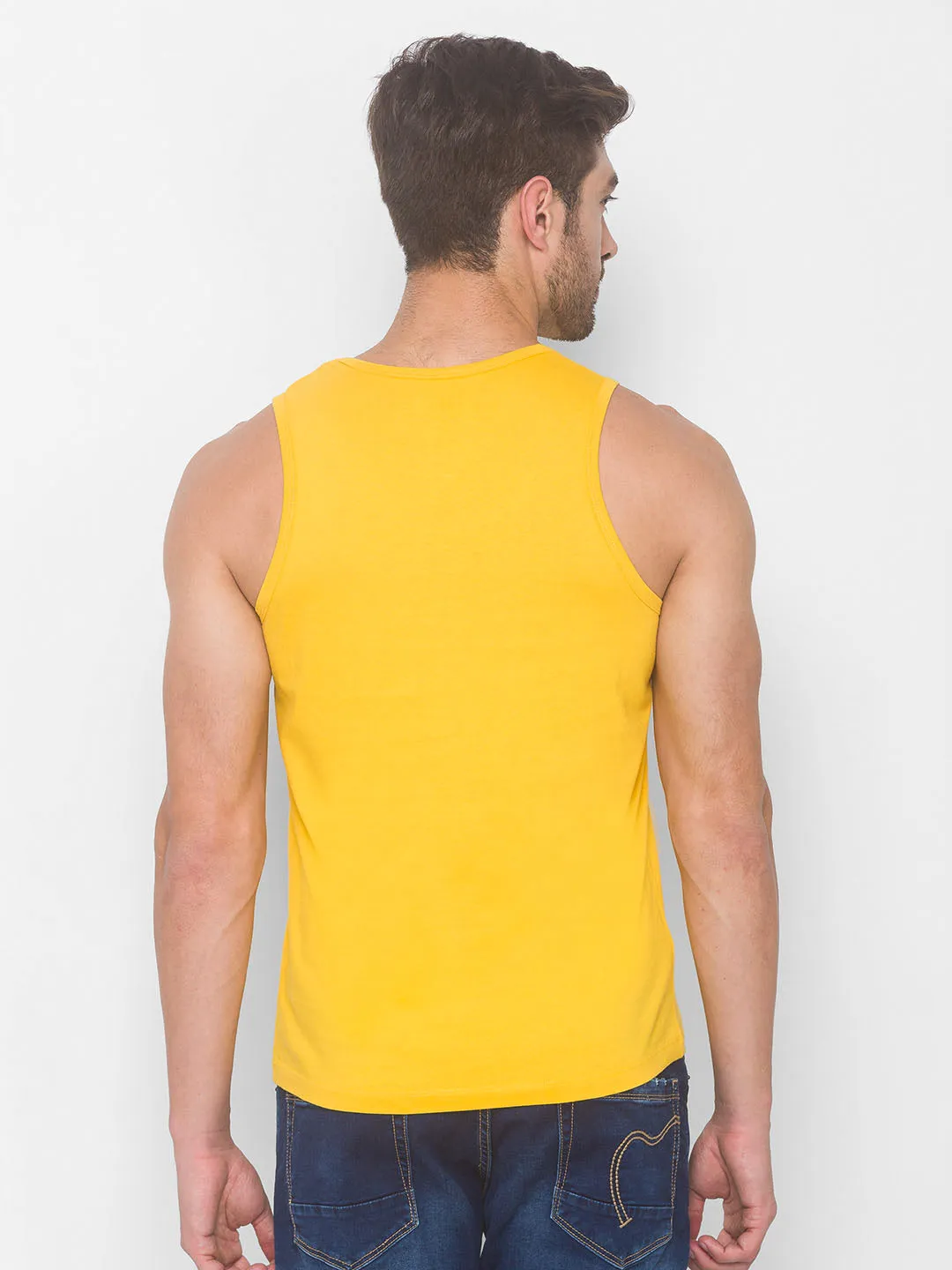 Spykar Men Yellow Cotton Slim Fit Round Neck Sleeveless Vest