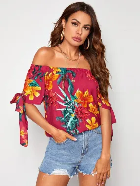 Tropical & Floral Print Off Shoulder Top