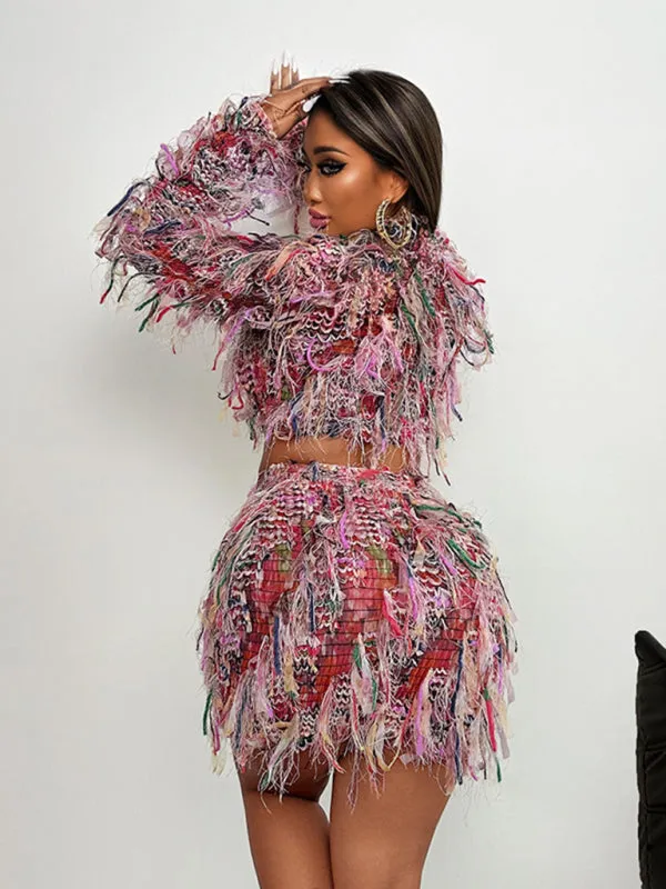 Vibrant Fringe Mini Skirt Set for Party Nights