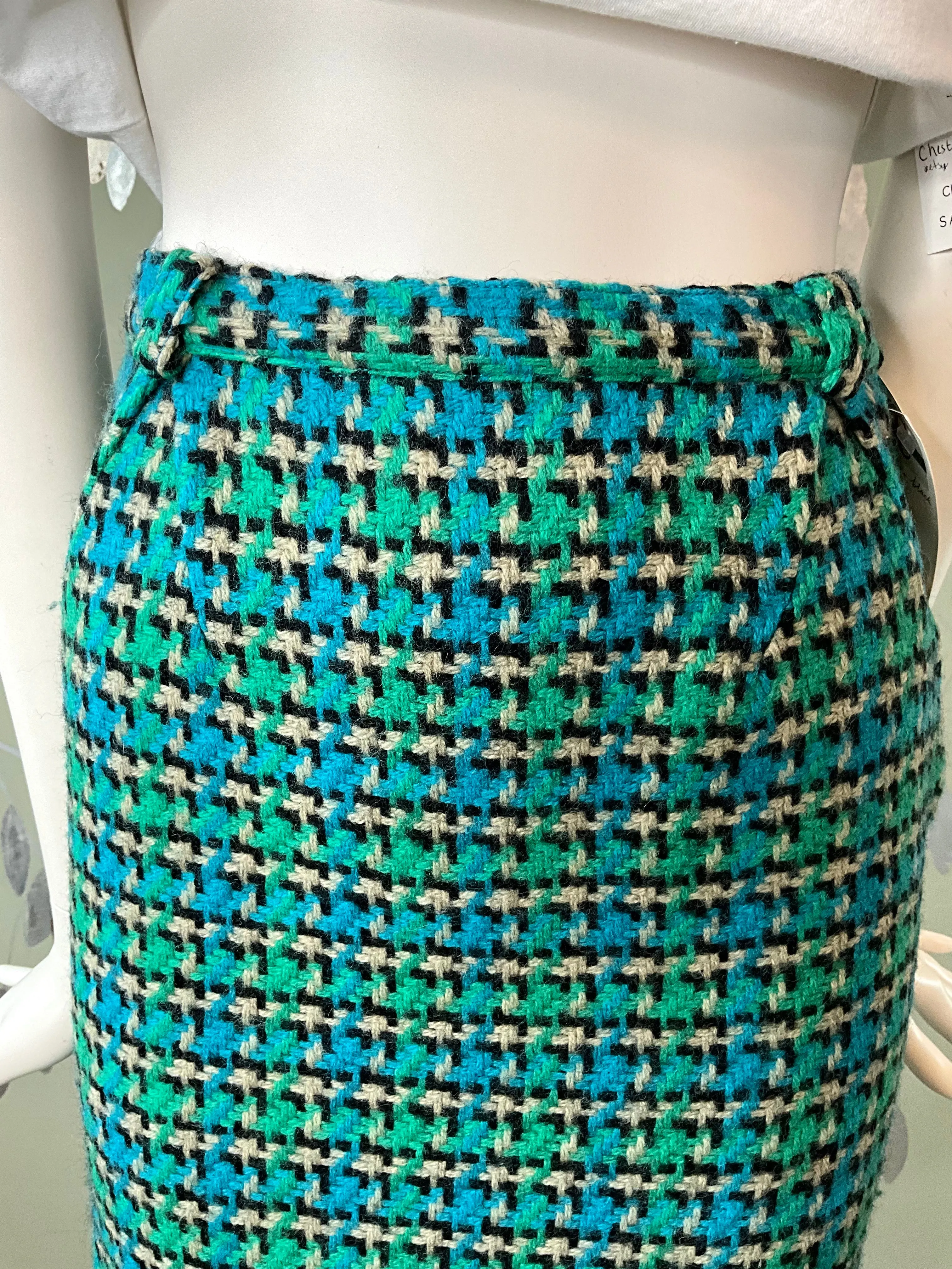 Vintage 1960s Green Blue Tweed Pencil Skirt, XS