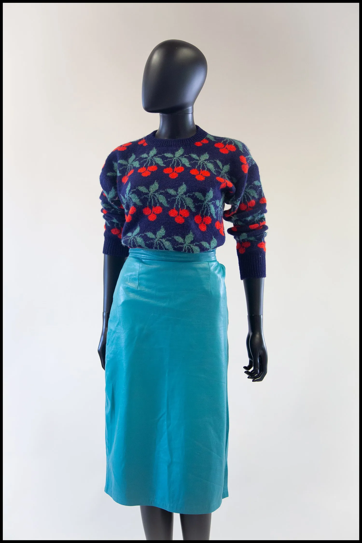 Vintage 1980s Turquoise Leather Pencil Skirt