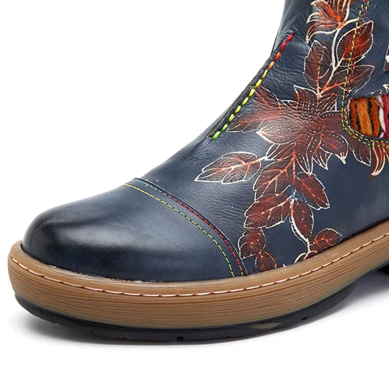 Women's Fashion Vintage Bohemian Winter Leather Blue Ankle Boots