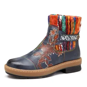 Women's Fashion Vintage Bohemian Winter Leather Blue Ankle Boots