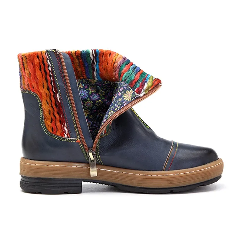 Women's Fashion Vintage Bohemian Winter Leather Blue Ankle Boots