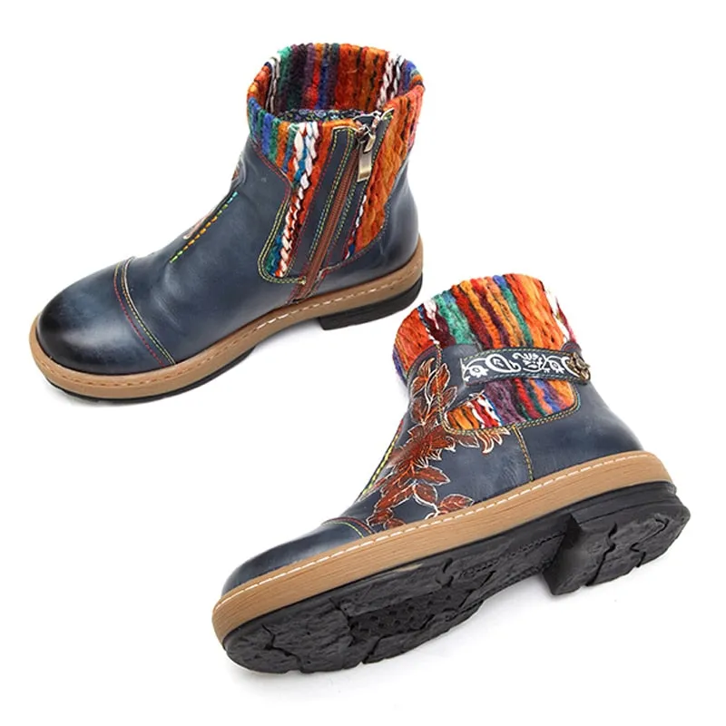 Women's Fashion Vintage Bohemian Winter Leather Blue Ankle Boots