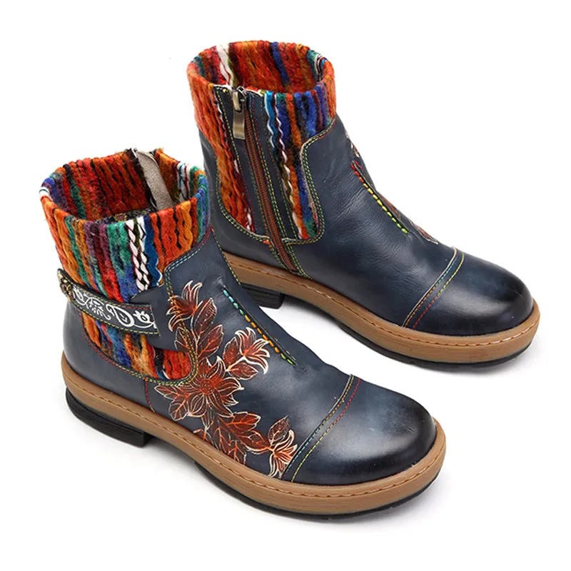 Women's Fashion Vintage Bohemian Winter Leather Blue Ankle Boots